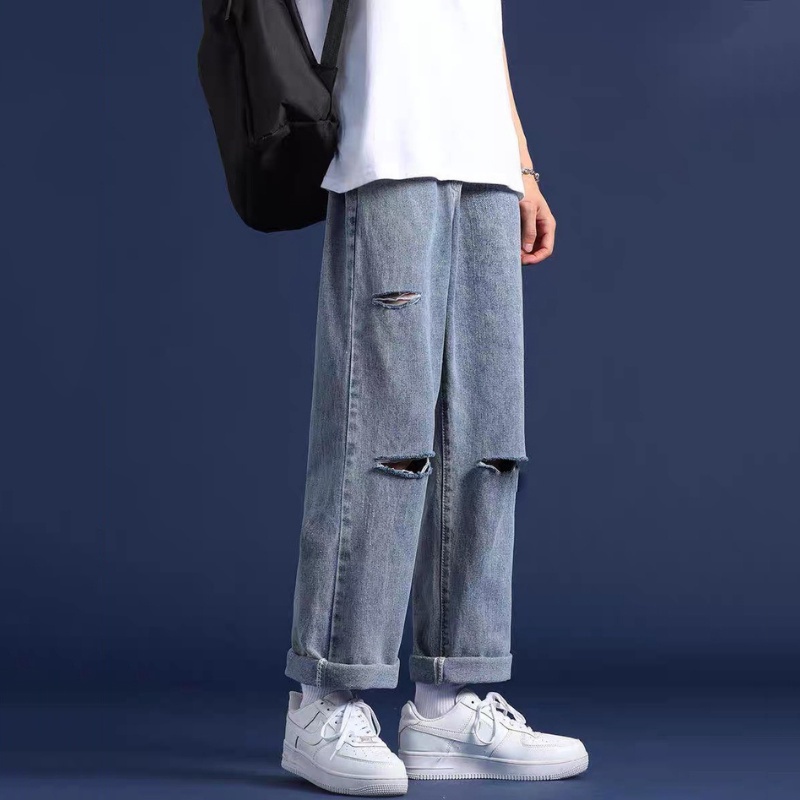 Quần Baggy Jeans Nam Xanh Rách Gối Ống Rộng Suông Dáng Đứng Cạp Cao Vải Đẹp Không Xù Lông Không Bai Gião
