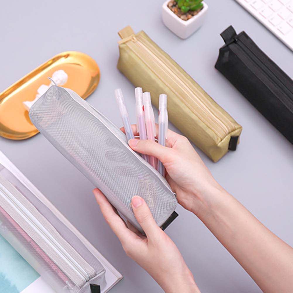 Túi Lưới Đựng Bút Chì Màu Trơn Trong Suốt Có Khóa Kéo Đơn Giản Unisex