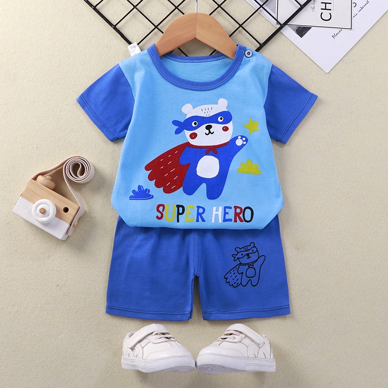 Bộ Áo Thun Tay Ngắn 100% Cotton In Họa Tiết Động Vật Hoạt Hình + Quần Dài Thời Trang Mùa Hè Cho Bé Trai 1-7 Tuổi