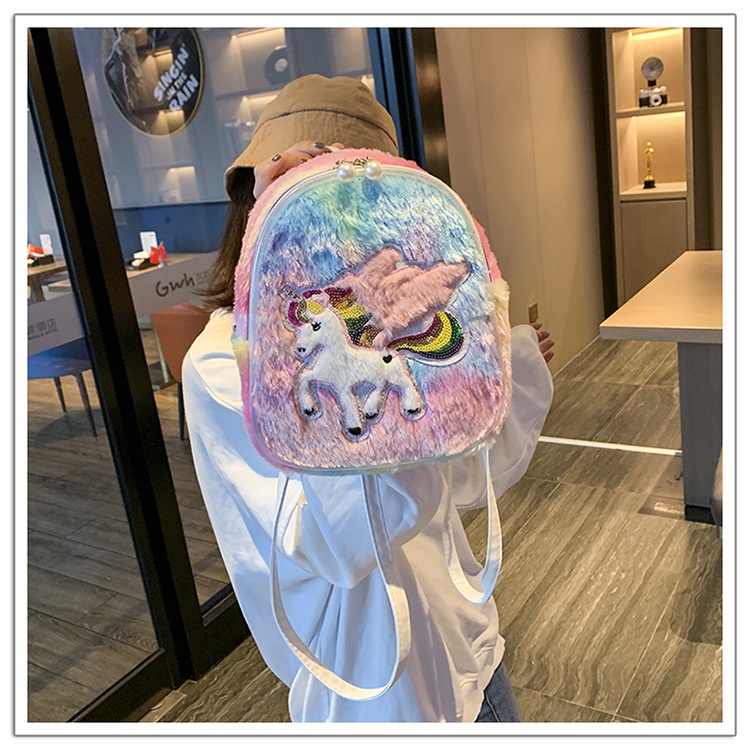 Ba lô lông nhung hình kỳ lân tai thỏ dễ thương cho bé gái