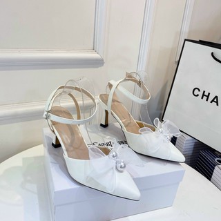 Giày cao gót bít mũi nơ lụa phối ngọc - Cao gót 6P nơ phối lụa Chile