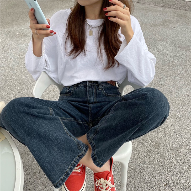 Xiaozhainv Quần jean ống rộng lưng cao phong cách vintage sành điệu cho nữ