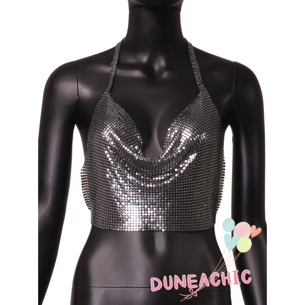 DUNEA Áo Croptop Hai Dây Kim Loại Lấp Lánh Gợi Cảm Cho Nữ