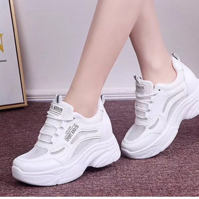 Giày Sneaker Nữ, Giày Thể Thao Nữ Giày Thể Thao Nữ Độn Đế 4-5Cm Mùa Xuân Thu Hàn Quốc Màu Trắng Giá Tốt Bảo Hành 12Tháng