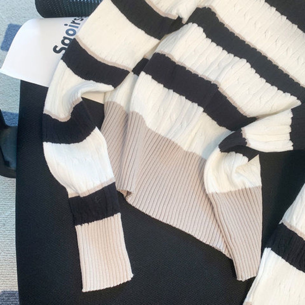 Áo Sweater Dệt Kim Mỏng Kẻ Sọc Màu Tương Phản Kiểu Retro Phương Tây Thời Trang Mùa Thu Cho Nữ