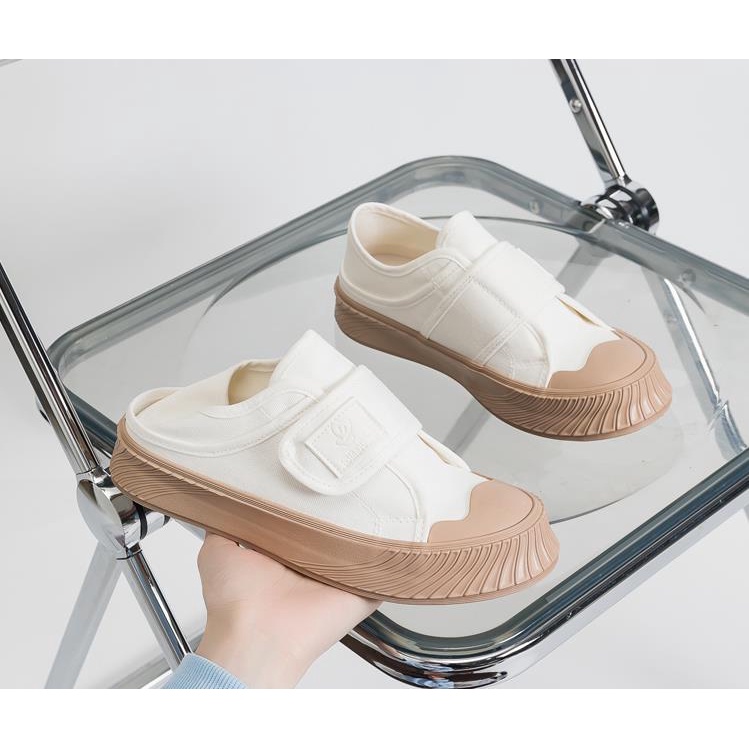 Giày Lười Canvas Hở Hai Cách Mang Quai Dán Màu Trắng Phong Cách Mới Mùa Hè 2022 Cho Nữ