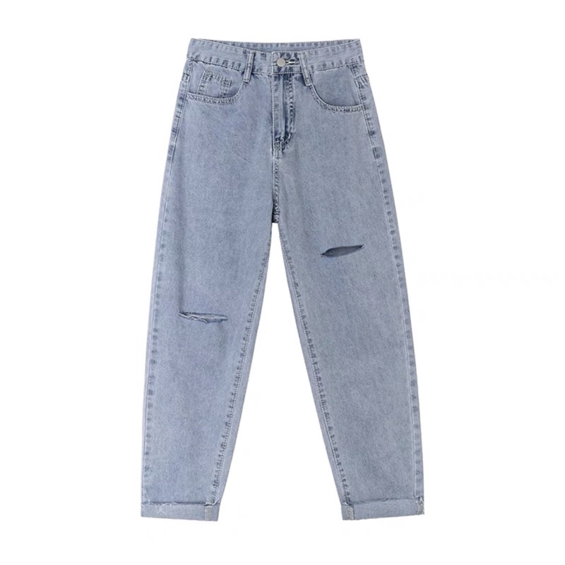 [Bigsize 30-36]Quần Baggy Jean Xanh Nhạt Rách Sole Tua Lai Sắn. Cạp Cao Trên Rốn