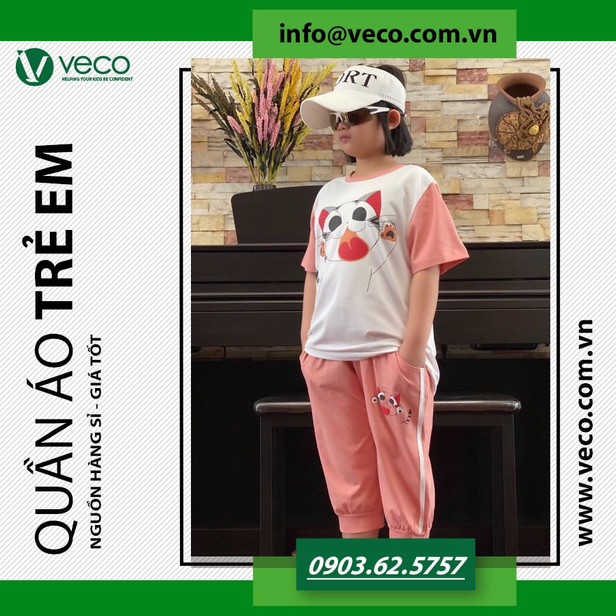 Sỉ Quần Áo Trẻ Em Cao Cấp VECO BL221-060002 Bộ Lửng Thun Cotton 100% Cho Bé Gái Từ 1 Đến 15 tuổi