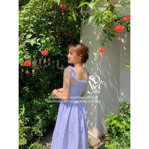 Đầm Caro hai dây nơ, xoè tầng cực tôn da không nhăn - Baby Blue Dress