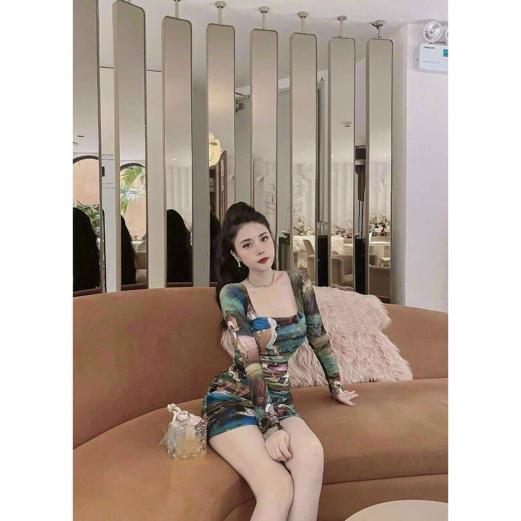 Đầm nữ ôm body tay dài cổ vuông họa tiết 3D cao cấp màu sắc trang nhã quyến rũ thời trang Bella Luu Shop