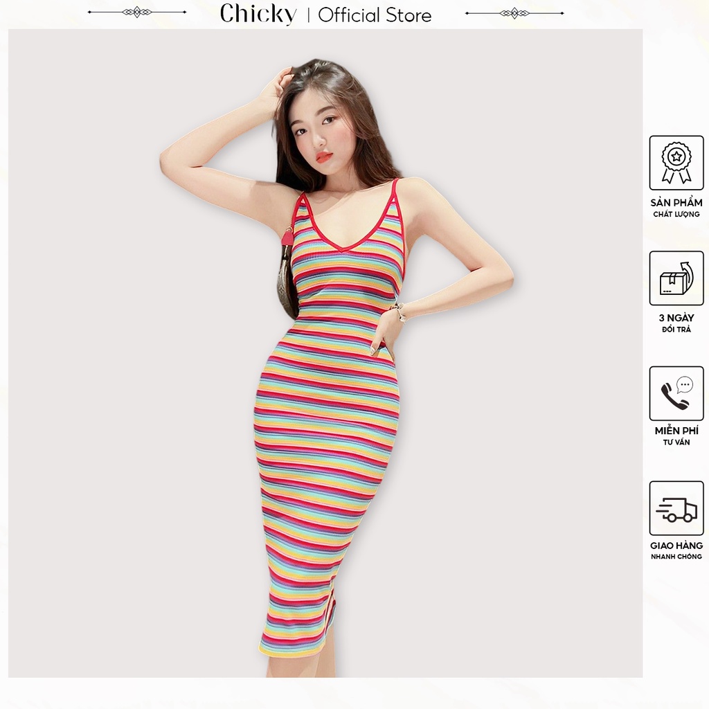 váy đầm nữ đầm body hai dây sọc ngang sang chảnh