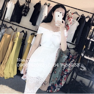 Set áo trễ vai váy ren trắng
