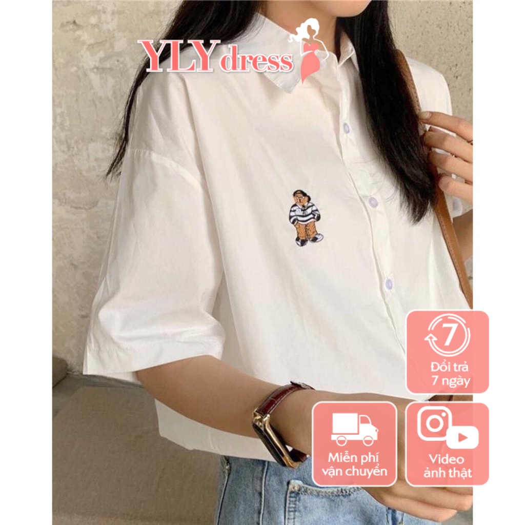 Áo sơ mi thêu gấu unisex tay lỡ be trắng xanh freesize vintage hàn quốc đi làm đi học ylydress C446