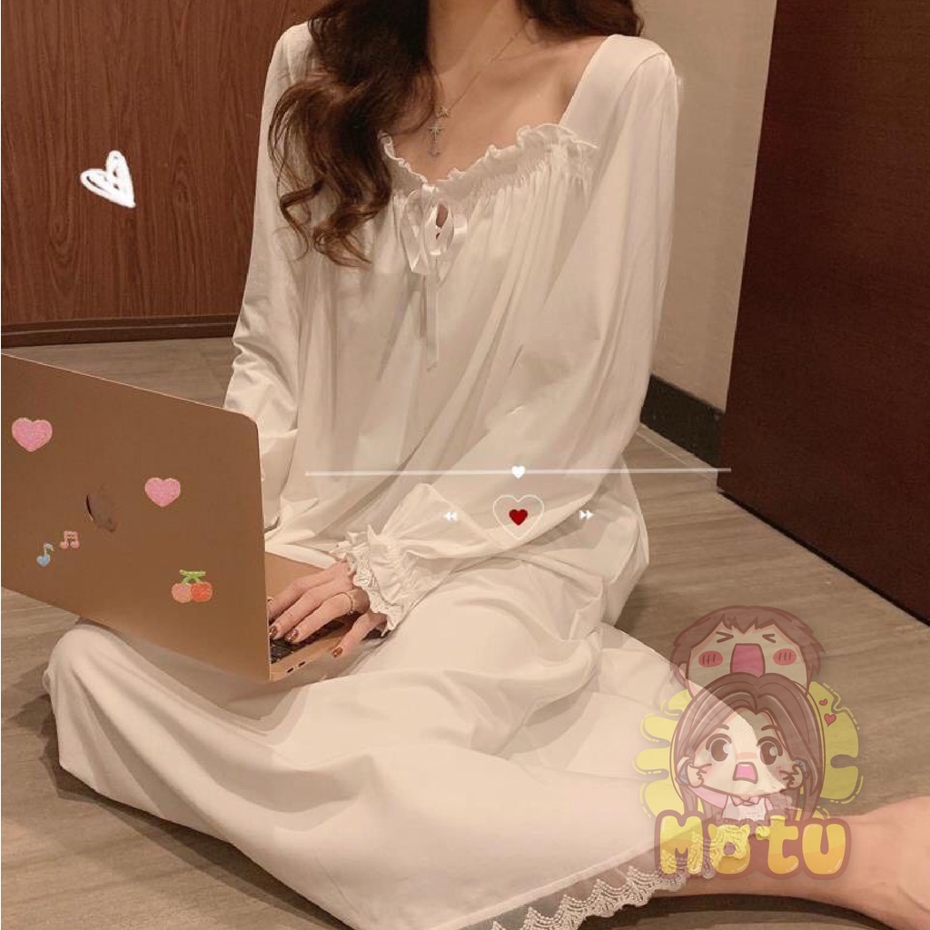 Váy ngủ dài tay mùa xuân, thu | Đầm ngủ mùa đông tay dài phối ren công chúa Hàn Quốc ngọt ngào cao cấp