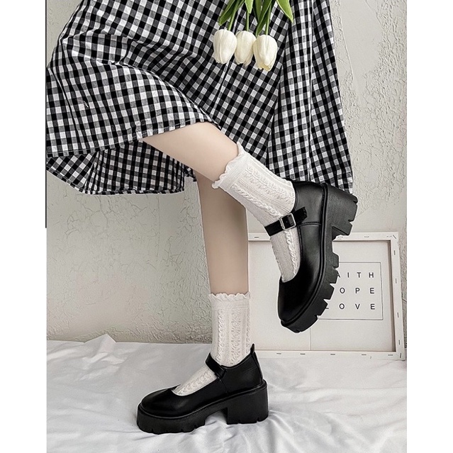 Giày Mary Jane Quai Cài, Giày Lolita Vintage Ulzzang Nữ Da Bóng Da Lì Phong Cách Hàn Quốc Cao 6cm