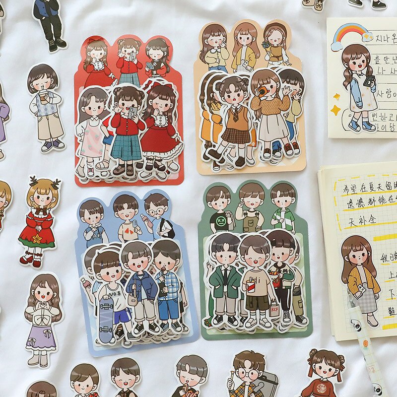 Set 10 Miếng Dán Trang Trí Nhật Ký Thủ Công Hình Cô Gái, chàng trai Dễ Thương