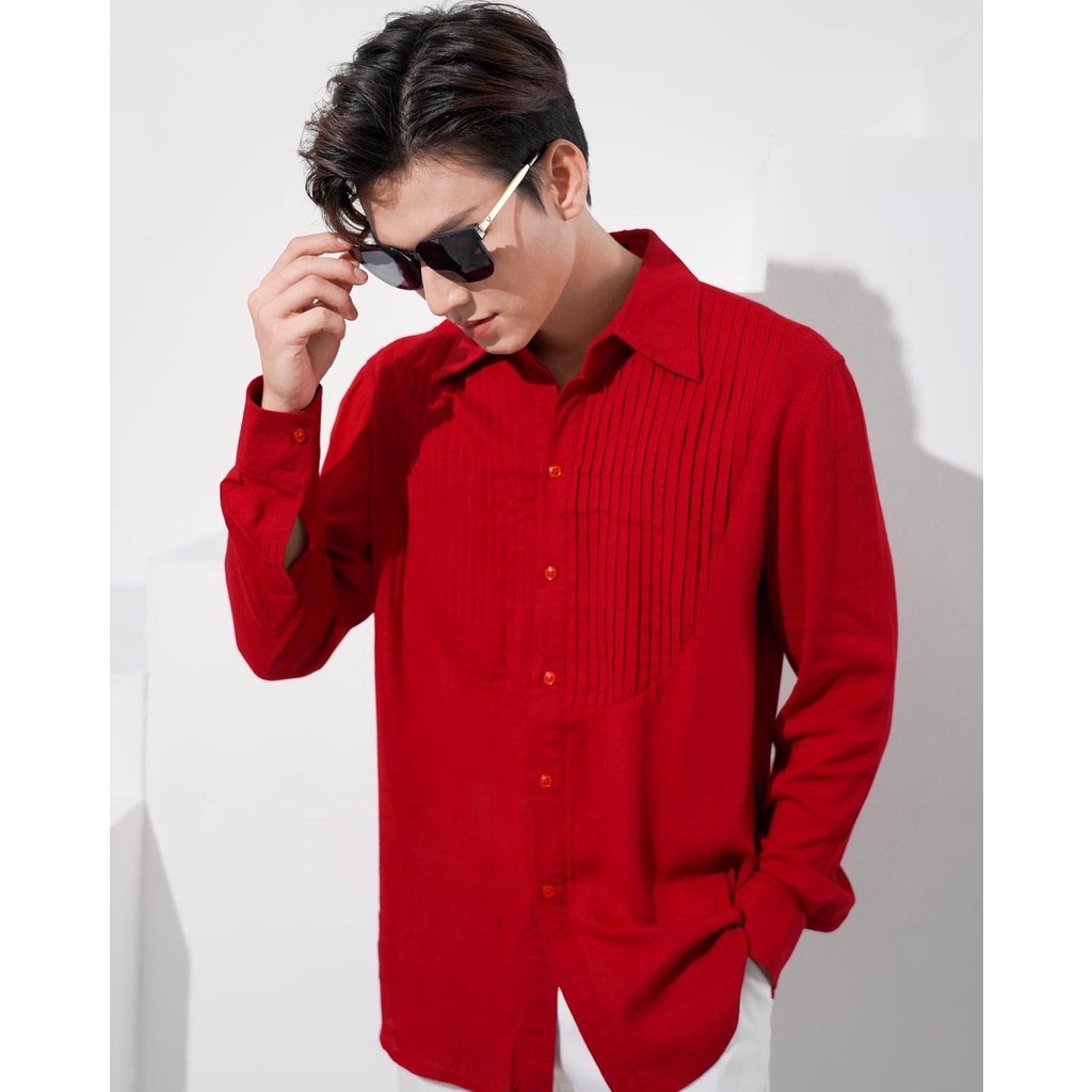 Áo Sơ Mi Nam Phối Dập Ly Ngực Vải Linen Màu Đỏ/Đen Thương Hiệu Mr Twins