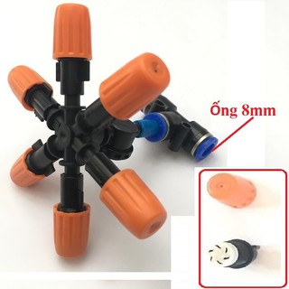 Vòi phun sương 6 cửa có van áp chống nhỏ giọt, lõi đầu cam màu trắng,dùng ống phun sương 8mm; 10 hoặc 12mm