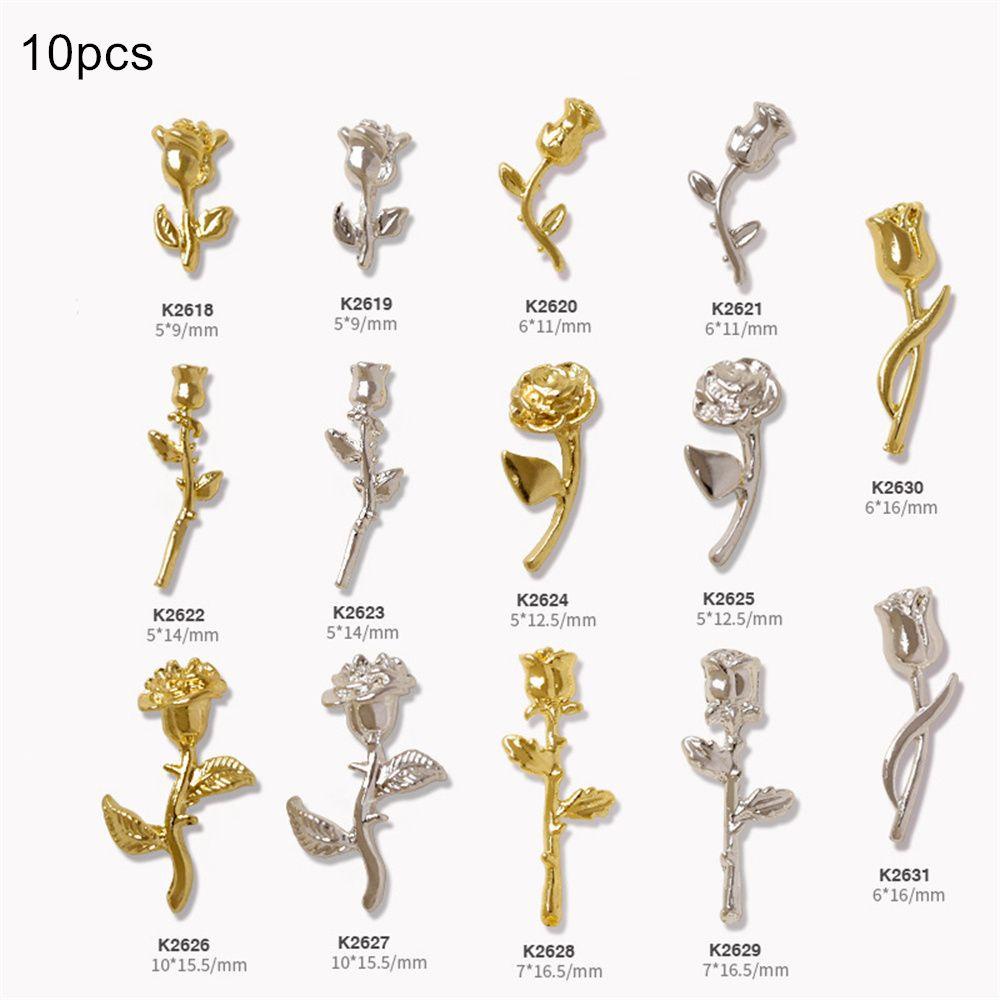 Set 10 Móng Tay Giả Nghệ Thuật Heceh|Phụ Kiện Trang Trí Móng Tay Hình Hoa Hồng 3D Xinh Xắn|Phụ Kiện Trang Trí Móng Tay Bằng Kim Loại Xinh Xắn
