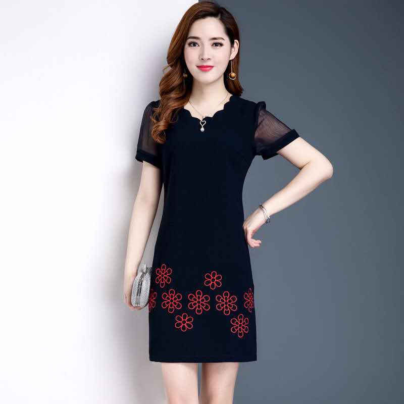 (N315) Đầm dáng suông tay lưới ngắn cổ cách điệu họa tiết hoa văn nổi bật đơn giản trang nhã kiểu dáng công sở mẫu mới