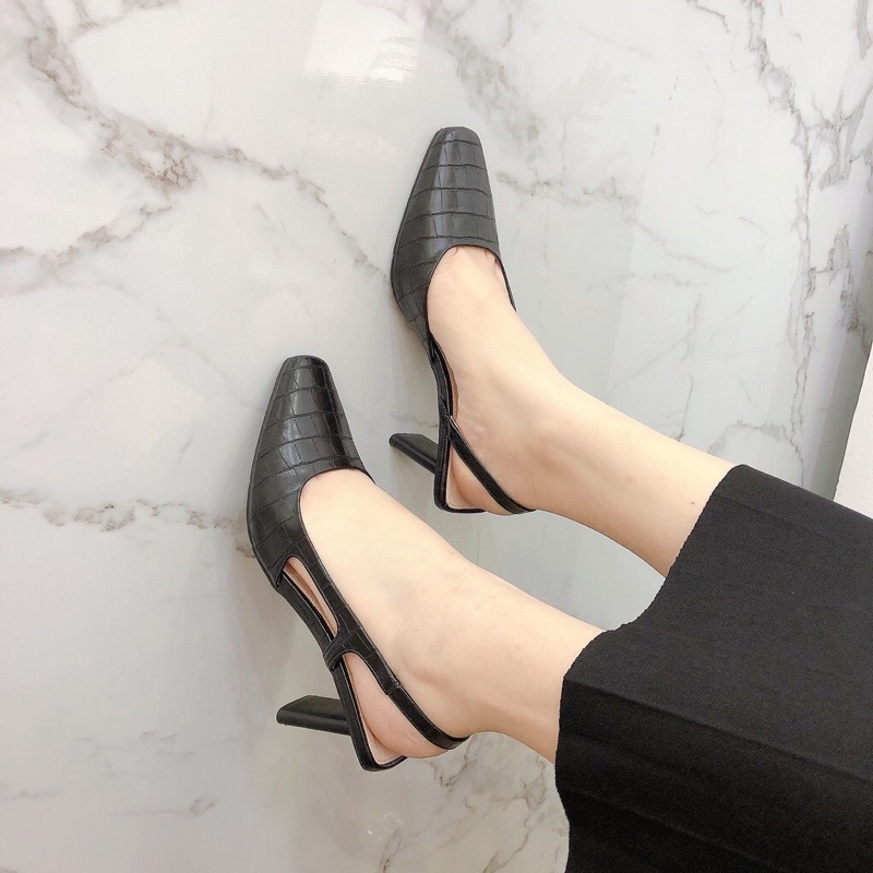 Giày cao gót nữ mũi vuông đế trụ 7cm tôn dáng slingback khuyết eo form đẹp chất xịn thanh lịch, thời trang
