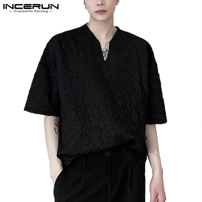 Áo INCERUN tay lỡ cổ chữ V dáng rộng in họa tiết dập nổi thời trang dành cho nam