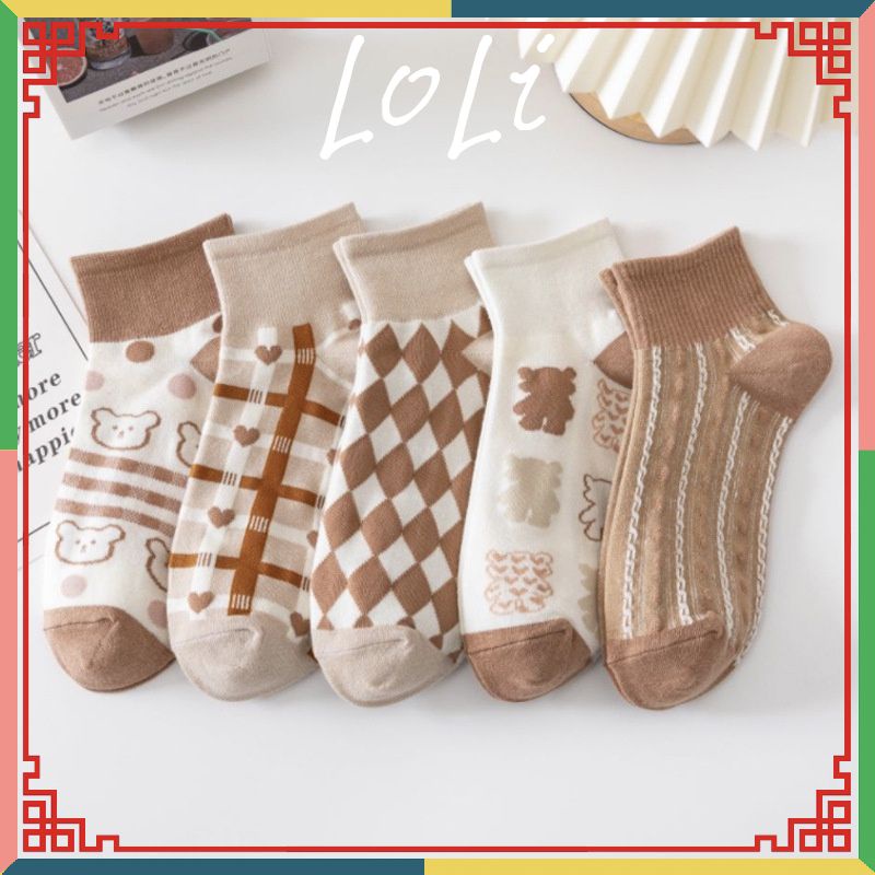 Tất Vớ Nữ Cổ Ngắn Họa Tiết Sọc Tone Nâu Nhiều Mẫu