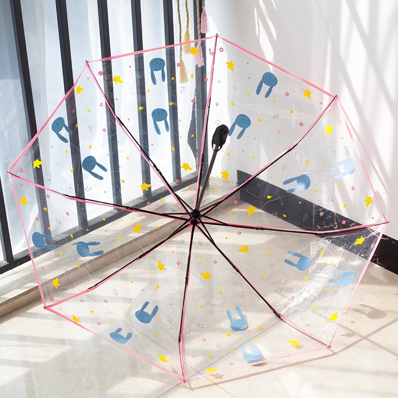 ô dù gấp trong suốt đi mưa cao cấp hoạ tiết thỏ trái tim đáng yêu