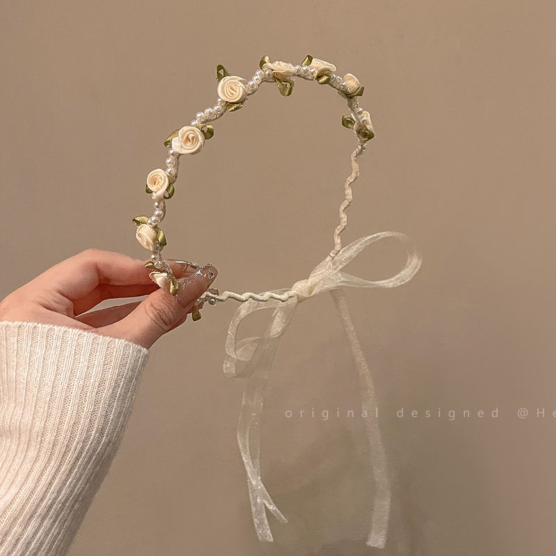 Jiashucheng Băng Đô Cài Tóc Vải Satin Đính Hoa Ngọc Trai Phong Cách Mới Dễ Phối Đồ