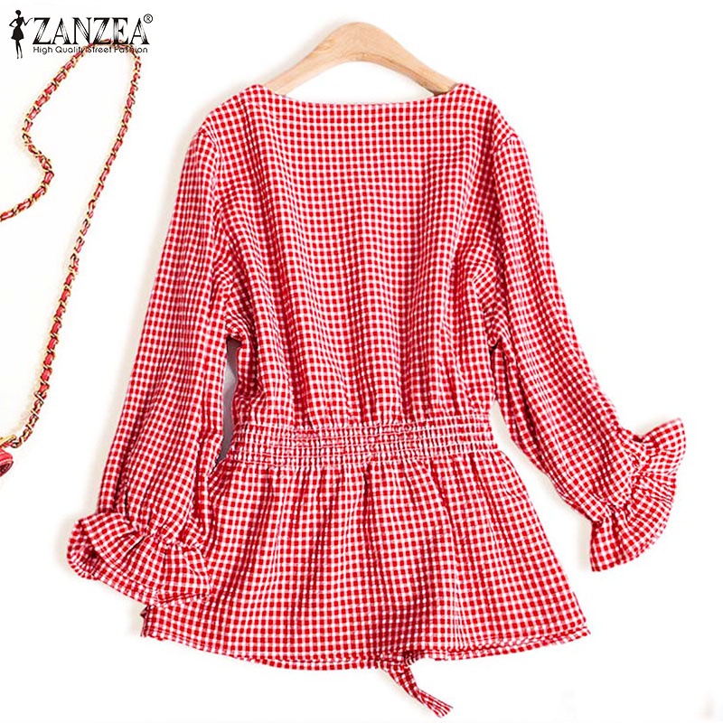 Áo sơ mi Zanzea tay dài họa tiết kẻ sọc caro cổ chữ v thanh lịch cho nữ