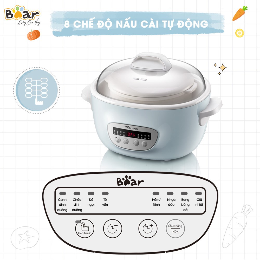 Nồi nấu chậm cách thủy 2.5L Bear SUBE003 - Bản Quốc Tế Tiếng Anh - Hàng chính hãng