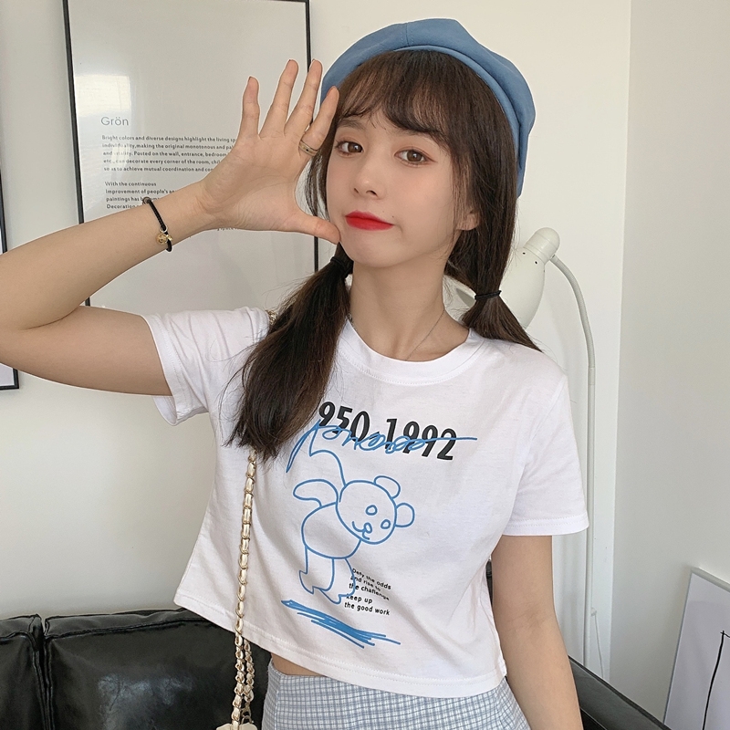 Áo Thun Croptop Ngắn Tay In Hình Gấu Đáng Yêu Phong Cách Hàn Quốc Cho Nữ