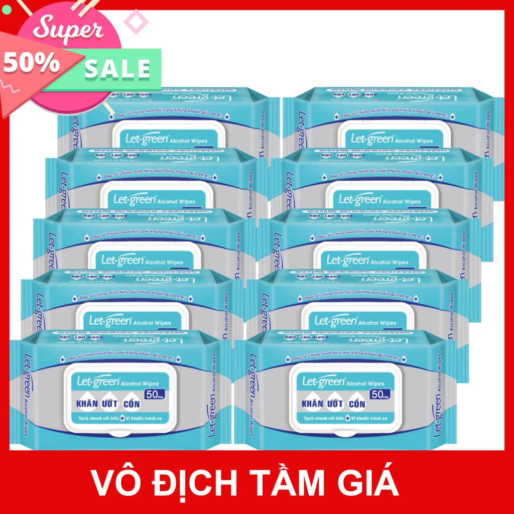 Combo 10 Gói Khăn Ướt Cồn Let-green (50 Tờ x 10) Diệt Khuẩn 99,9% (Mới sản xuất)