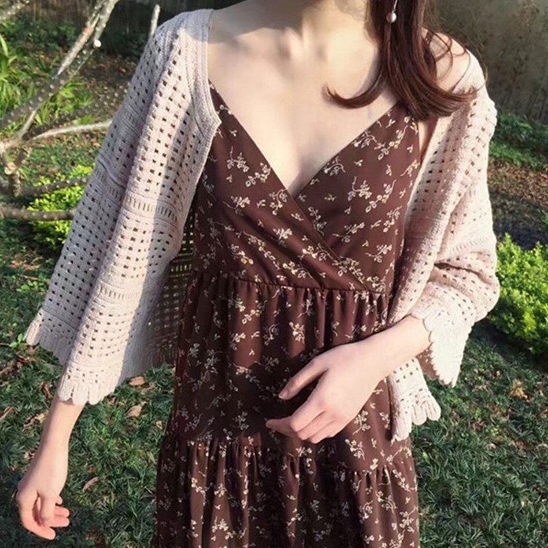 Brroa Áo Khoác Cardigan Dệt Kim Tay Loe 3 / 4 Phối Ren Họa Tiết Kẻ Sọc Thời Trang Xuân Hè Cho Nữ