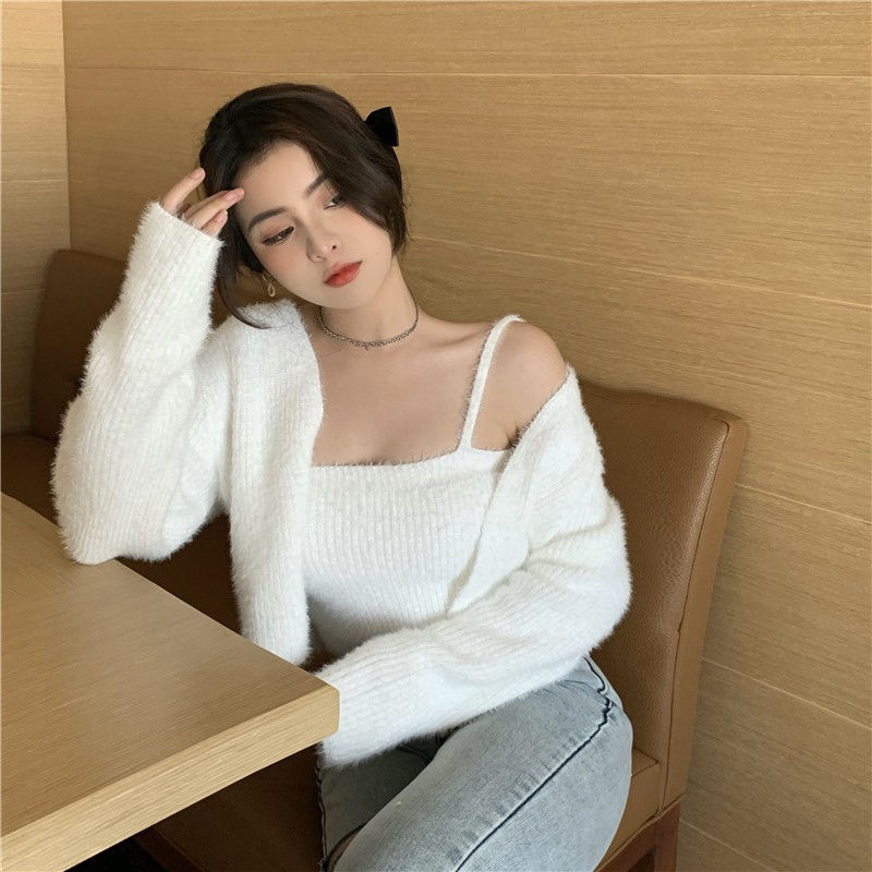 [Có sẵn] Full set Áo len lông thỏ áo khoác len cardigan và áo 2 dây len tiểu thư sang chảnh A174 | BigBuy360 - bigbuy360.vn