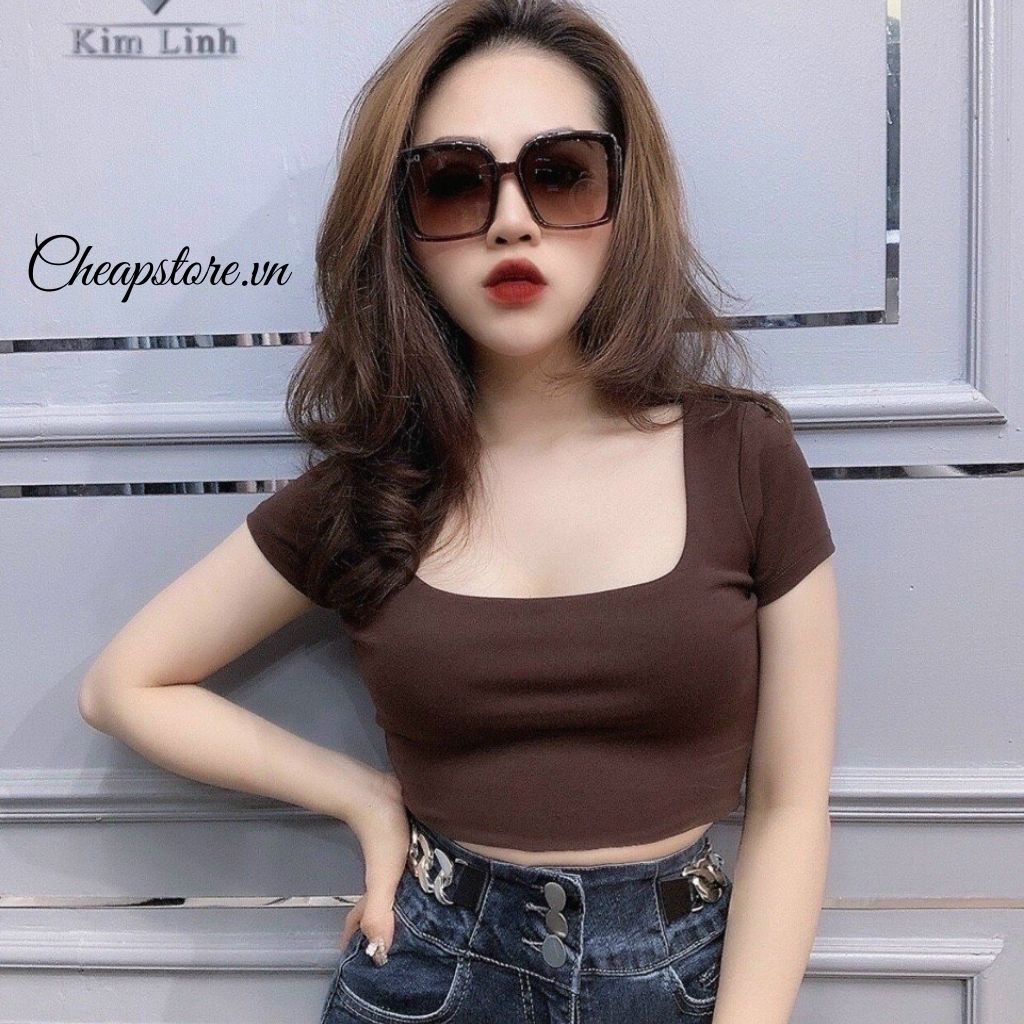 Áo thun croptop cổ U form ôm tay ngắn chất đẹp, hottren 2021 - Áo phông cổ U cộc tay chất zip  nhiều màu sắc A24