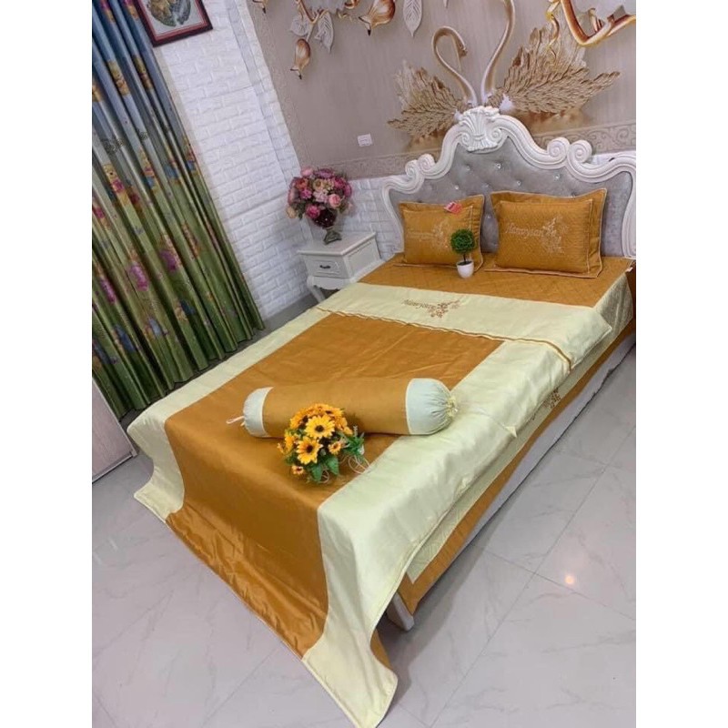 Set 7 món chăn ga gối satin trần bông satin thêu hoa cao cấp