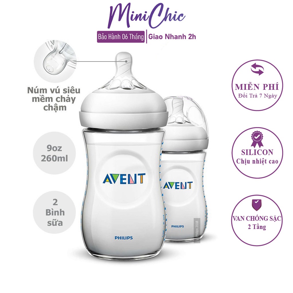 Bình sữa Avent, bình sữa silicon cổ rộng cho bé 125ml, 260ml bằng nhữa PP, có tách set