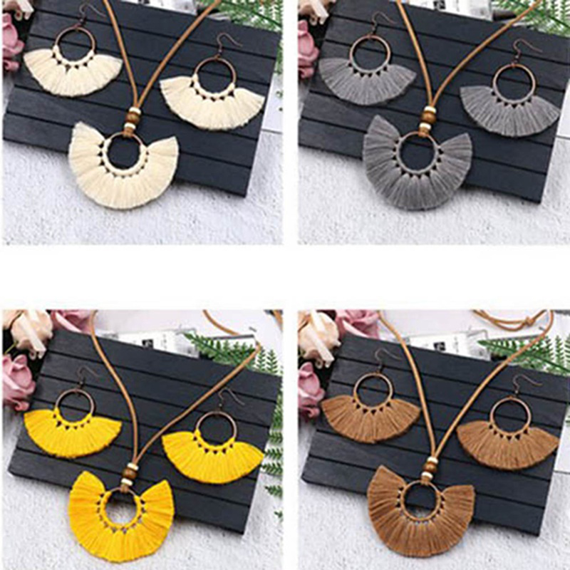 Bộ Dây Chuyền+Bông Tai Tua Rua Hình Quạt Phong Cách Bohemia