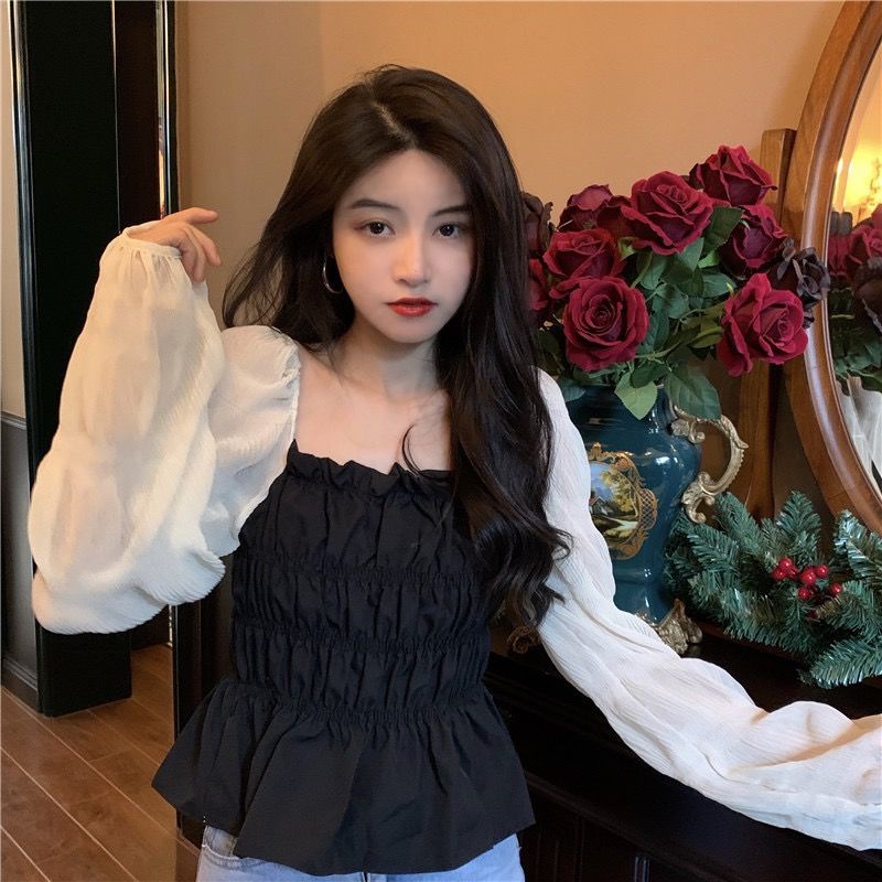 Áo sơ mi IELGY dài tay cổ vuông phong cách Pháp thời trang cho nữ