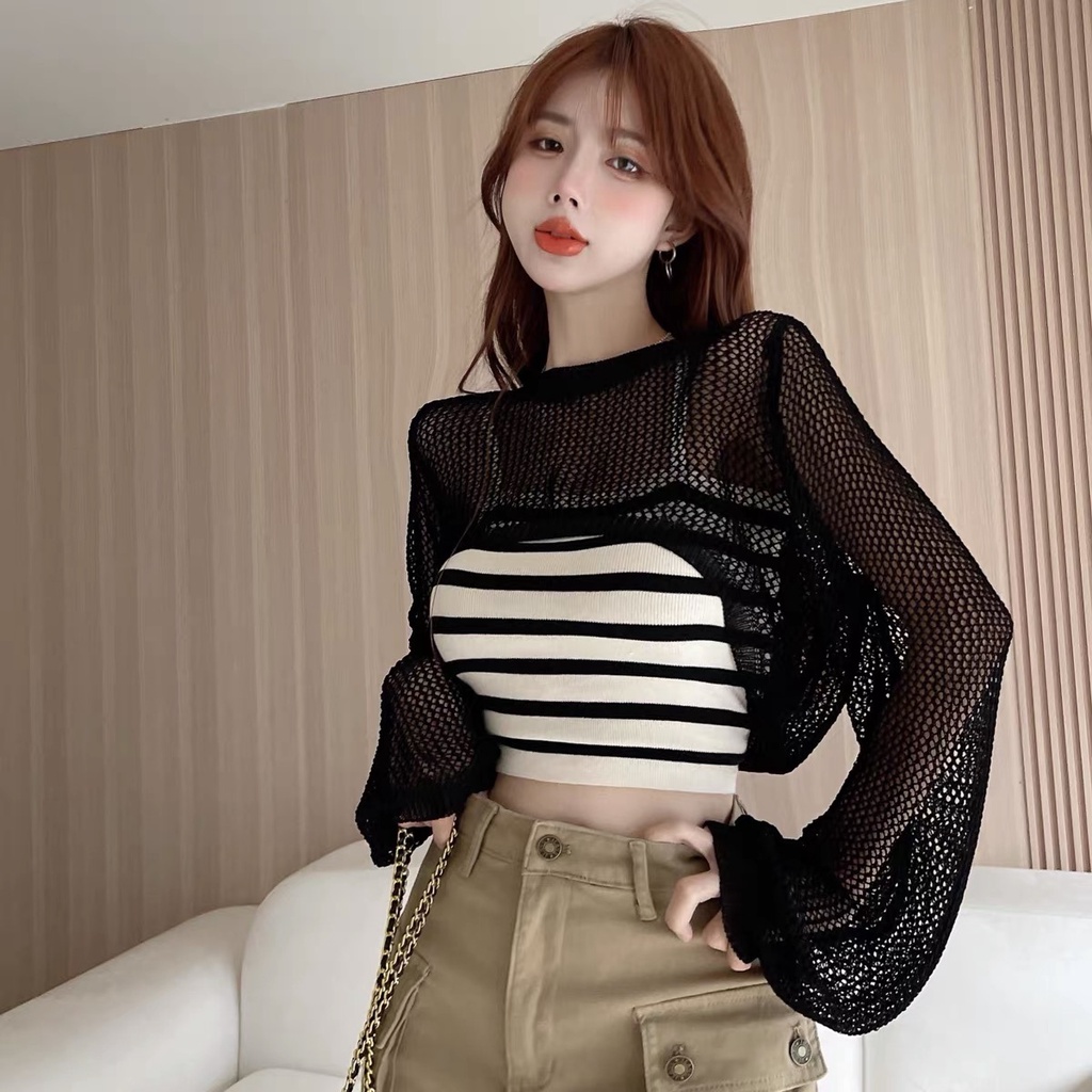 SUXI Áo Croptop Dệt Kim Chống Nắng Dáng Ôm Họa Tiết Kẻ Sọc Thời Trang Mùa Hè Cho Nữ