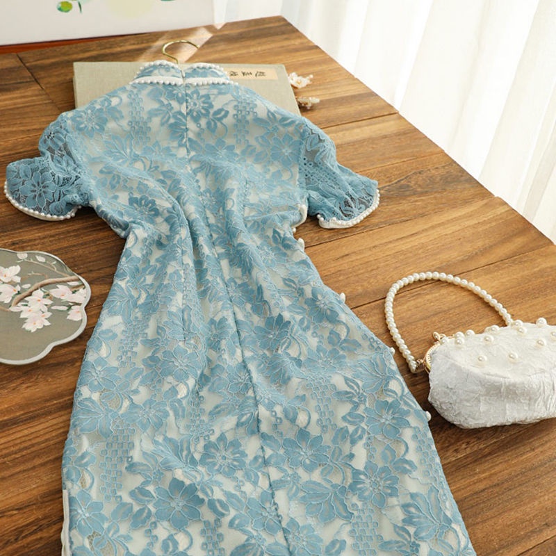 Đầm Sườn Xám Phối Ren Phong Cách Thời Trang retro Trẻ Trung Thanh Lịch