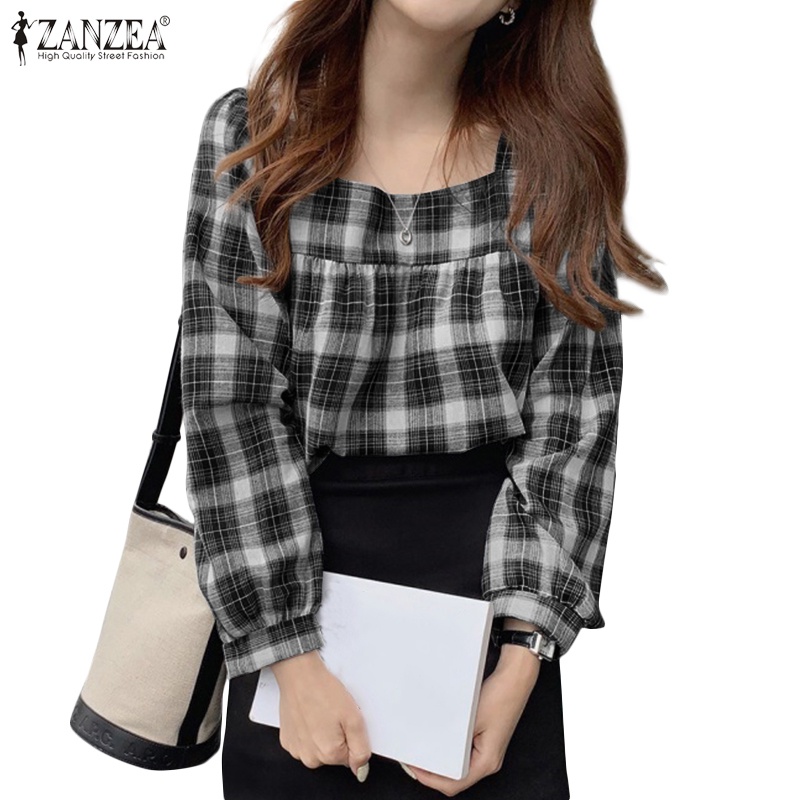 Áo kiểu nữ Zanzea cổ vuông tay dài họa tiết kẻ ô thanh lịch thời trang