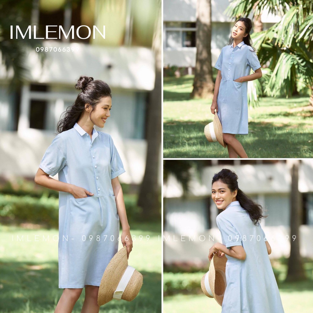 [PREMIUM] Đầm Sơ Mi Nữ AQUA LOVE Chất Liệu Linen BASIC CỔ TRỤ PHỐI 2 TÚI  Màu Xanh Dễ Thương Năng Động