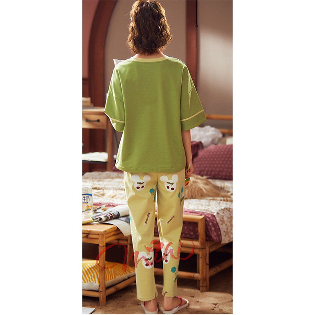 Bộ đồ bầu áo cộc quần dài mặc nhà (mickey xanh cốm)