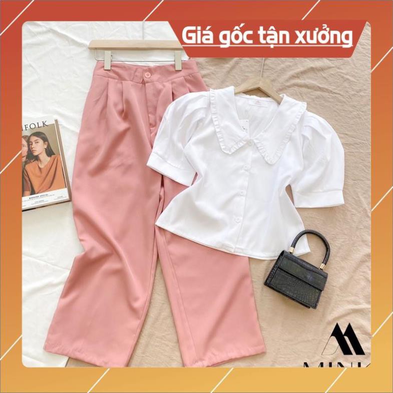 [GIÁ TẬN XƯỞNG] SET ÁO SƠ MI + QUẦN SUÔNG Pastel - Chất liệu cao cấp -Màu Trắng phối Hồng pastel -[THIẾT KẾ]