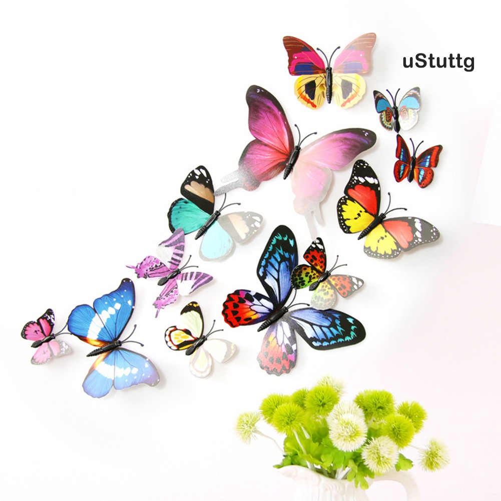 *U 12Pcs 3D PVC Butterfly Art Wall Stickers with Pin Decoration Home Room Decors