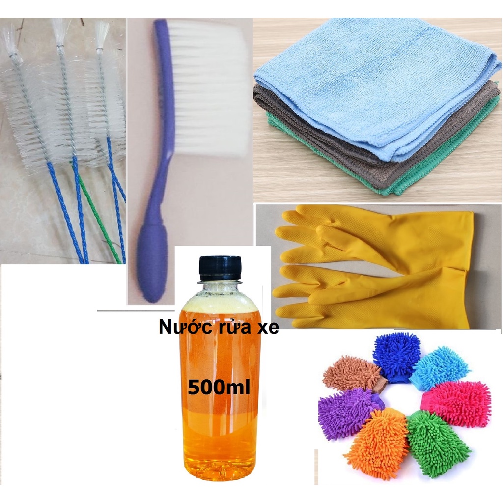 [Bộ dụng cụ 6 món rửa xe] Bao tay san hô -Cọ đuôi chó-khăn lau xe-bàn chải chà rửa xe-bao tay cao su-nước rửa xe rất rẻ