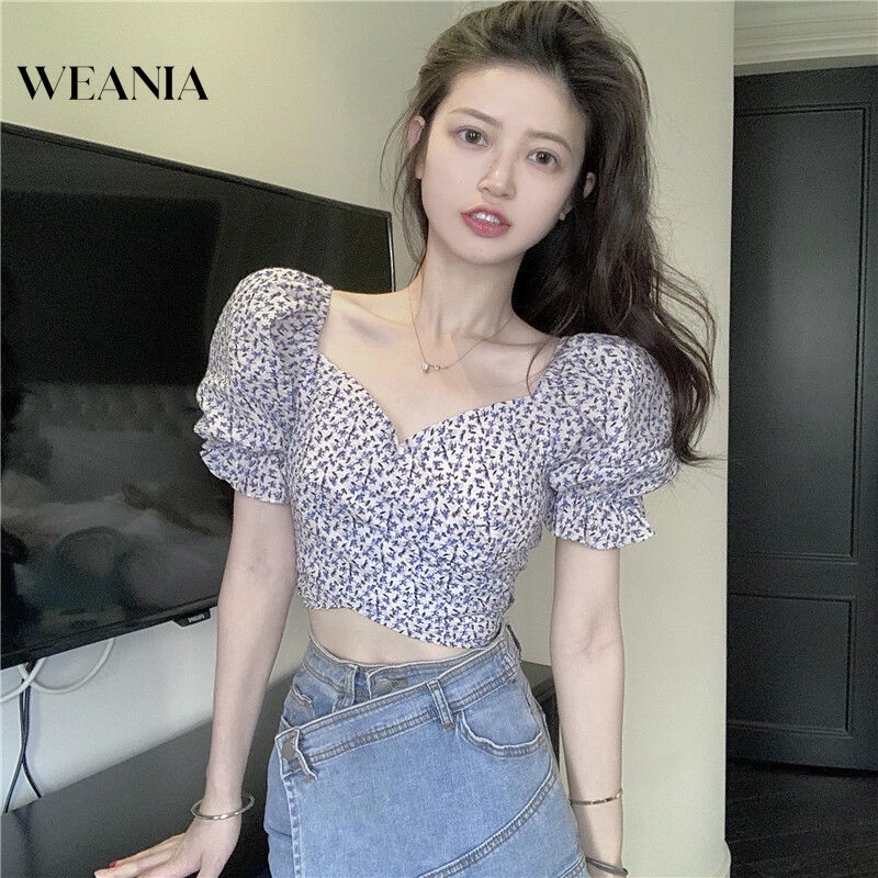 Áo Croptop Cổ Vuông Tay Phồng In Hoa Xinh Xắn Cho Nữ