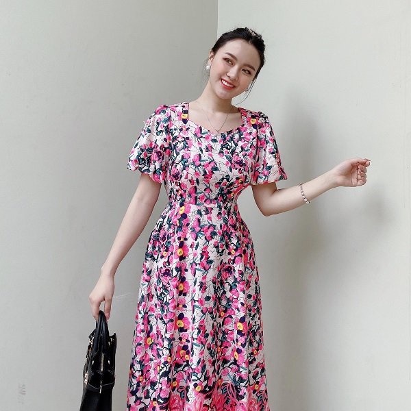 Đầm Hoa Công Sở Cổ Vuông Phối Hoa AKARA K153 Tay Phồng Full Size S, M, L,XL,XXL | BigBuy360 - bigbuy360.vn